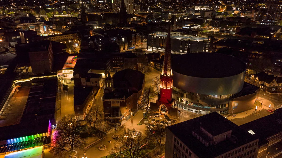 Spire bar at night from afar